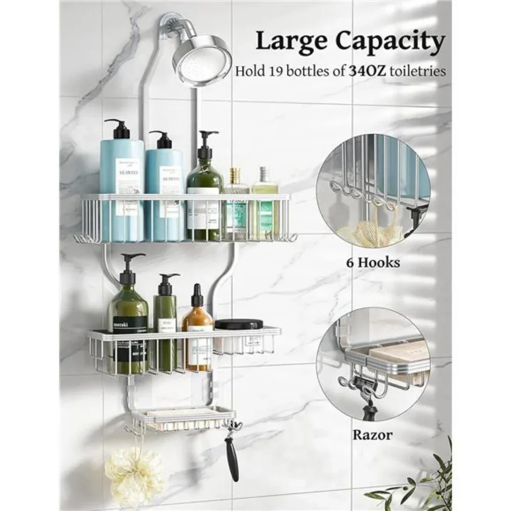 Hanging Shower Caddy Over Shower Head with 10 Hooks for Razor/Sponge Soap Basket